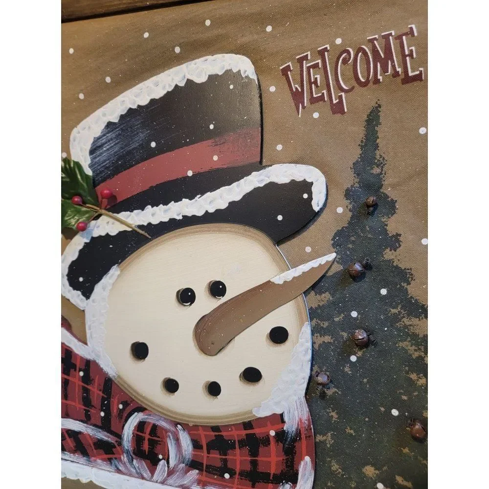 Wooden Snowman canvas welcome bell xmas‎ tree flag banner decor snow Mistletoe